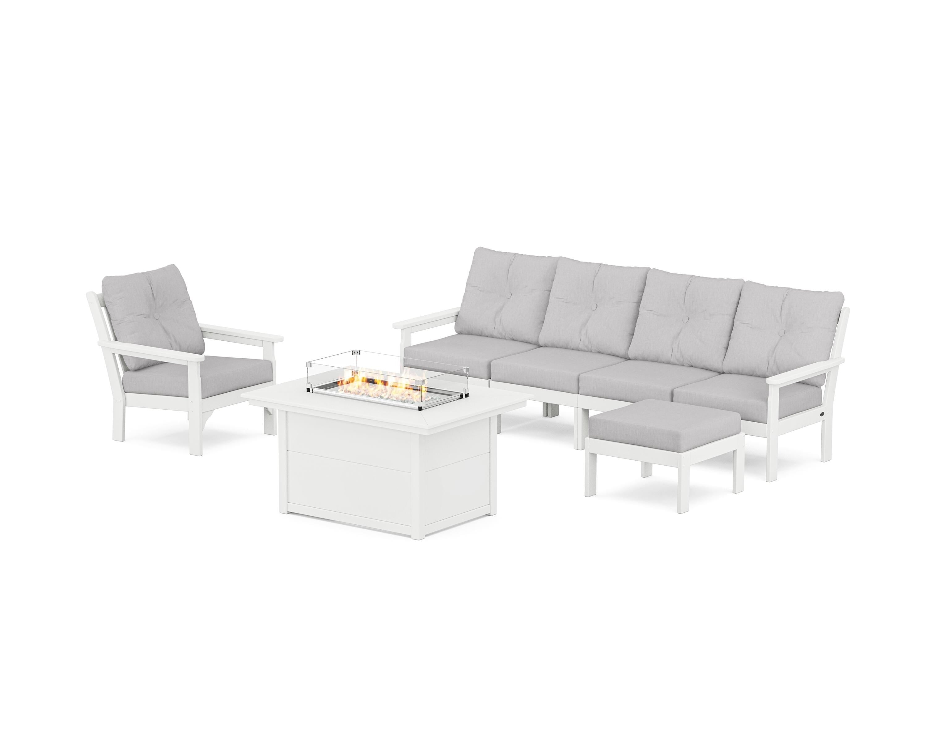 POLYWOOD® Vineyard Sectional Lounge and Fire Pit Set in White / Granite