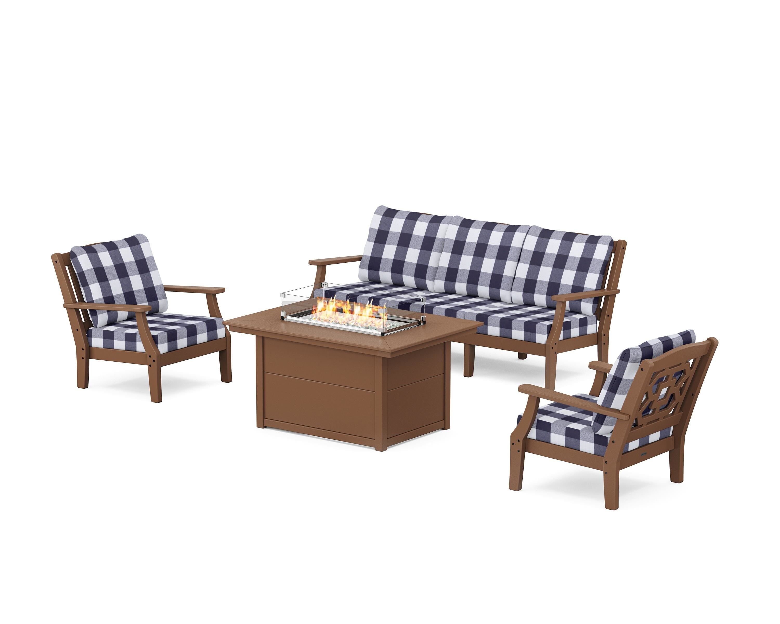 Martha Stewart by POLYWOOD® Chinoiserie Deep Seating Fire Pit Table Set in Teak / Buffalo Plaid Navy