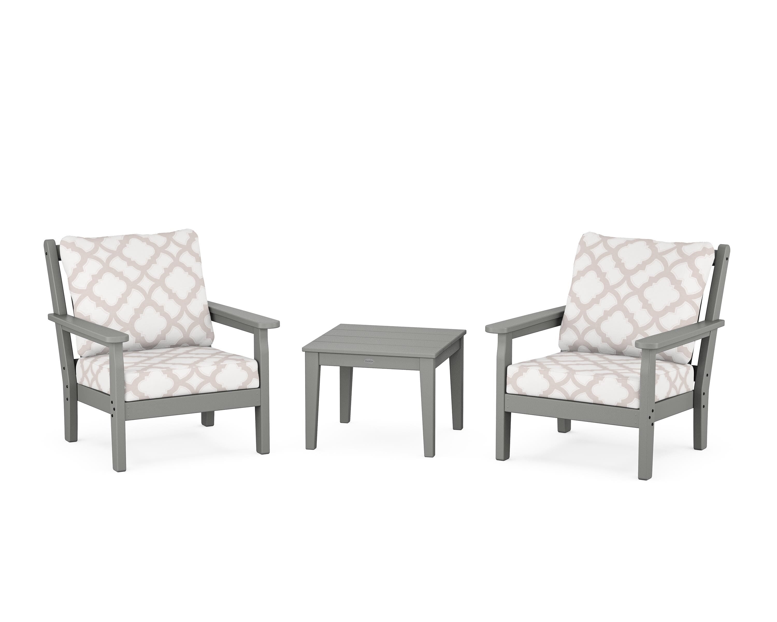 POLYWOOD® Chippendale 3-Piece Deep Seating Set in Slate Grey / Trellis Dune Burlap