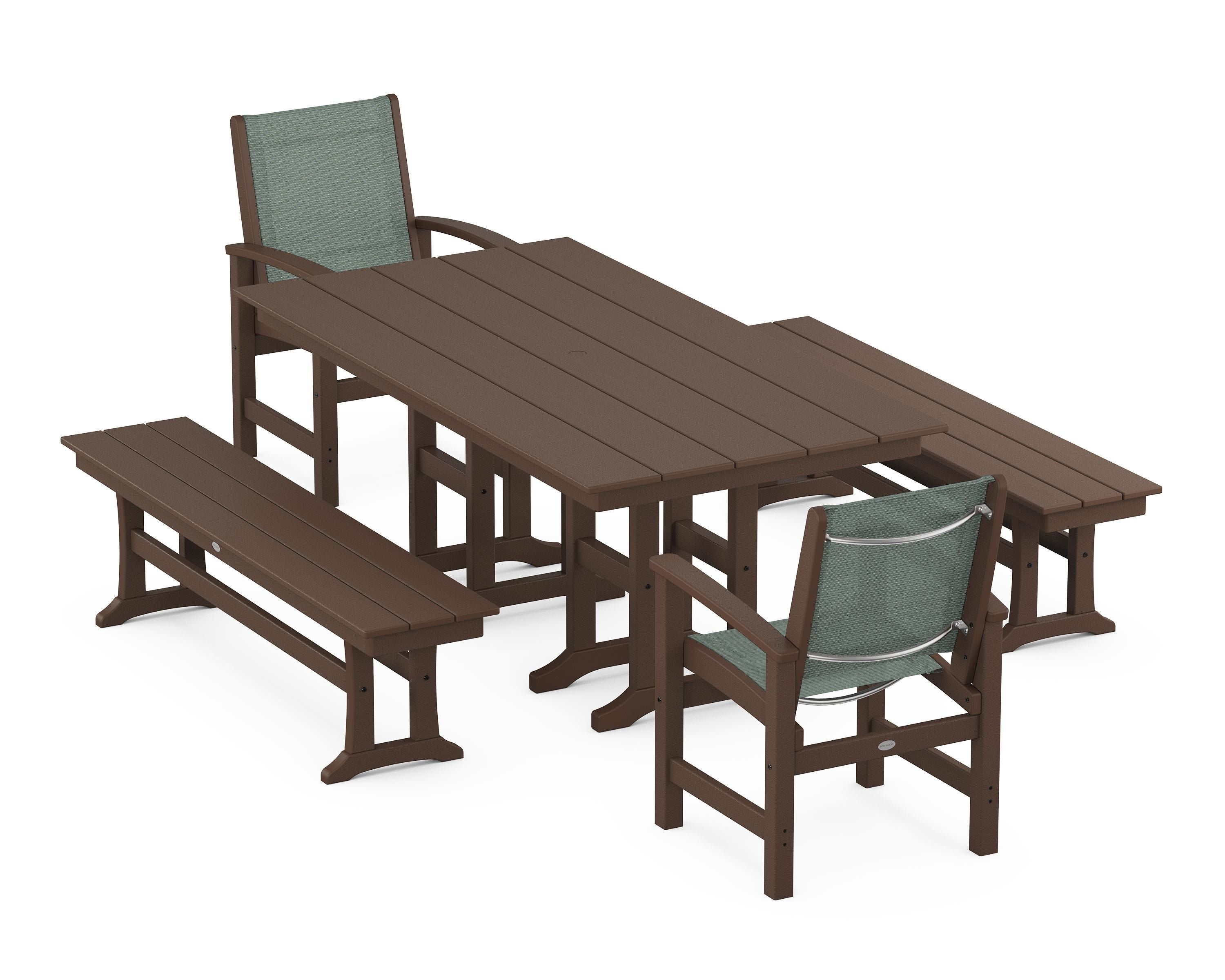 POLYWOOD® Coastal 5-Piece Farmhouse Dining Set in Mahogany / Dupioni Sea Mist Sling