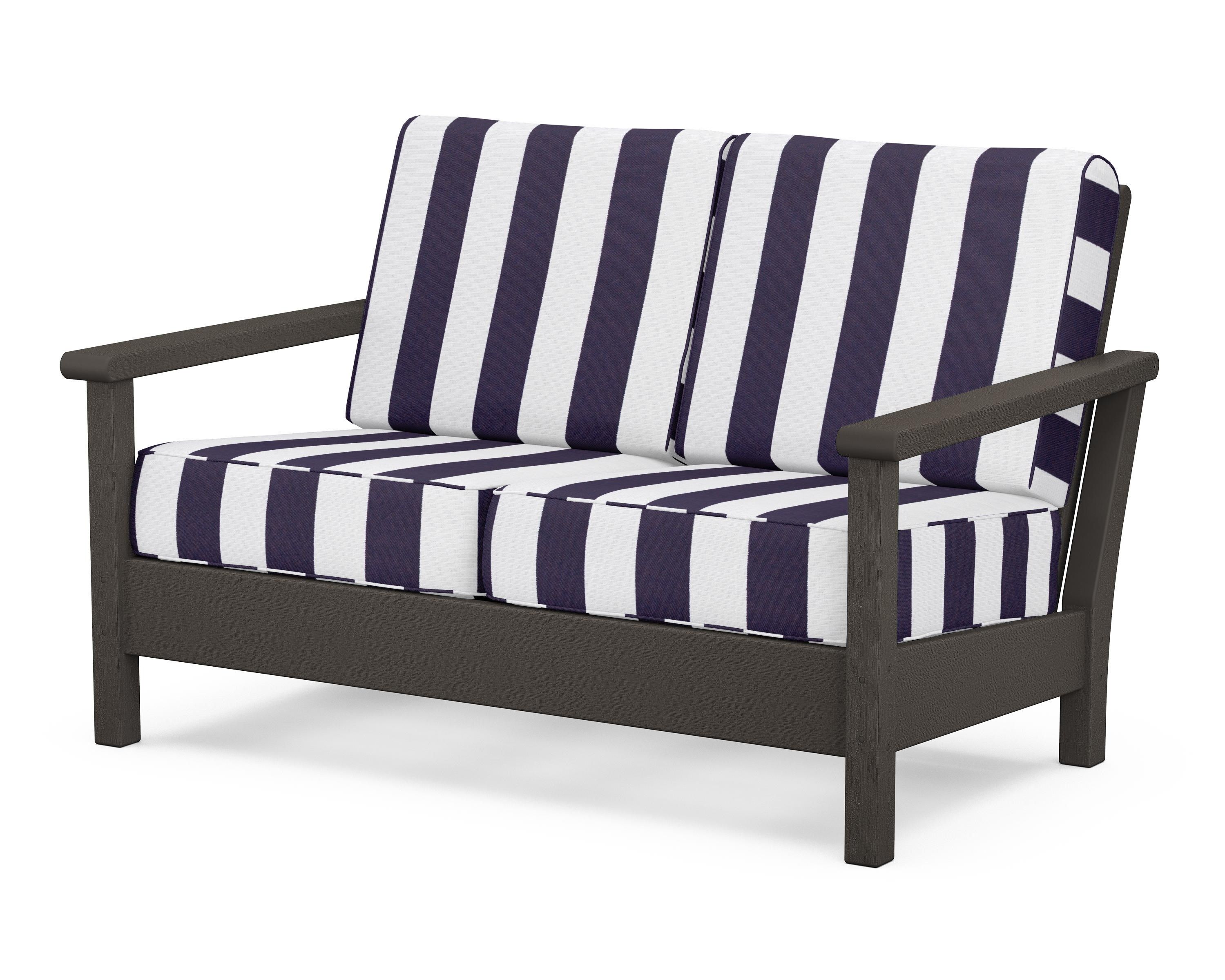 POLYWOOD® Harbour Deep Seating Loveseat in Vintage Coffee / Cabana Stripe Navy