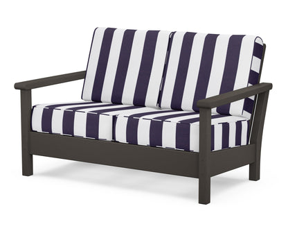 POLYWOOD® Harbour Deep Seating Loveseat in Vintage Coffee / Cabana Stripe Navy
