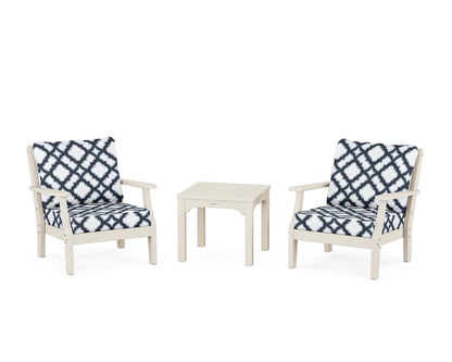 Martha Stewart by POLYWOOD® Chinoiserie 3-Piece Deep Seating Set in Sand / Trellis Marine Indigo