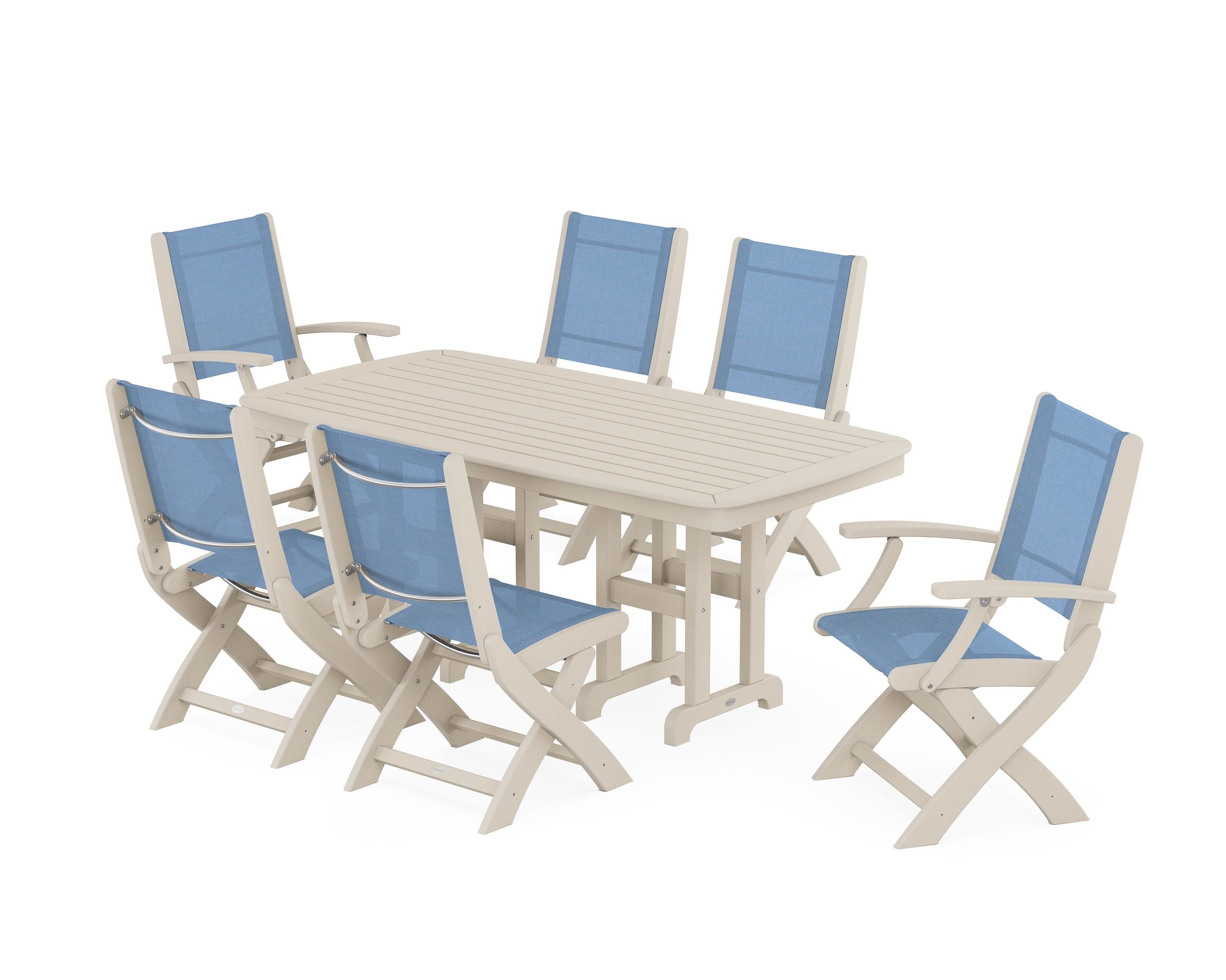 POLYWOOD® Coastal Folding Chair 7-Piece Dining Set in Sand / Poolside Sling