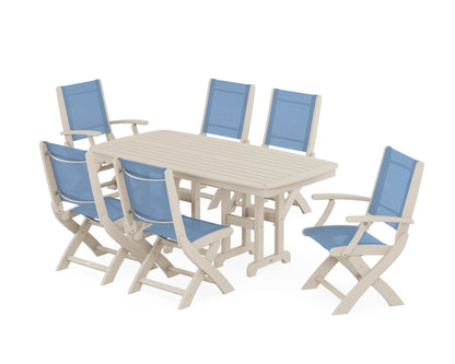 POLYWOOD® Coastal Folding Chair 7-Piece Dining Set in Sand / Poolside Sling