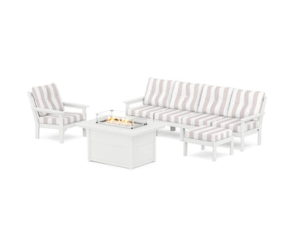 POLYWOOD® Vineyard Sectional Lounge and Fire Pit Set in White / Cabana Stripe Dune Burlap