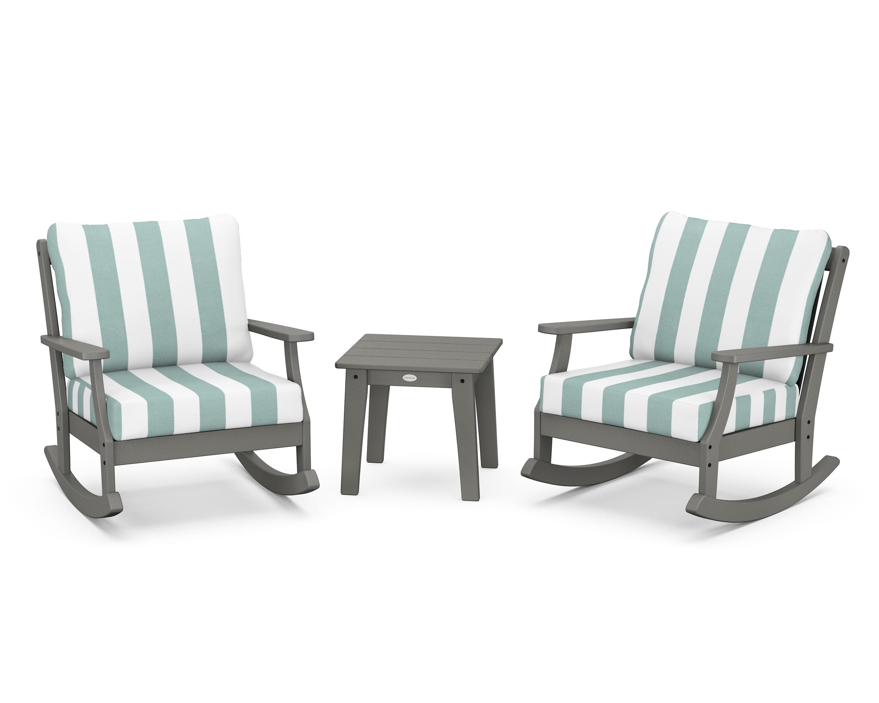 POLYWOOD® Braxton 3-Piece Deep Seating Rocker Set in Slate Grey / Cabana Stripe Glacier Spa