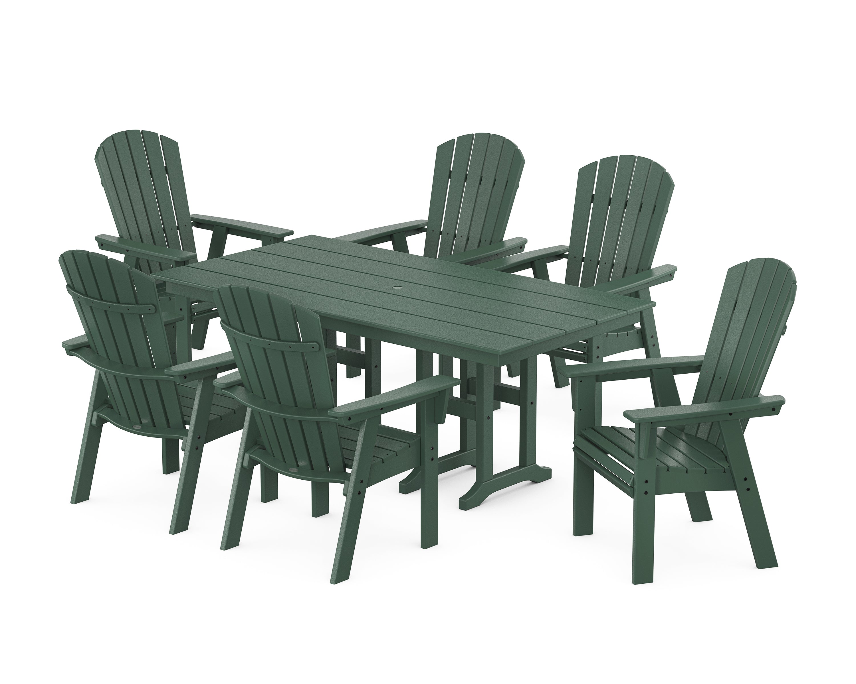 POLYWOOD® Nautical Curveback Adirondack 7-Piece Farmhouse Dining Set in Green