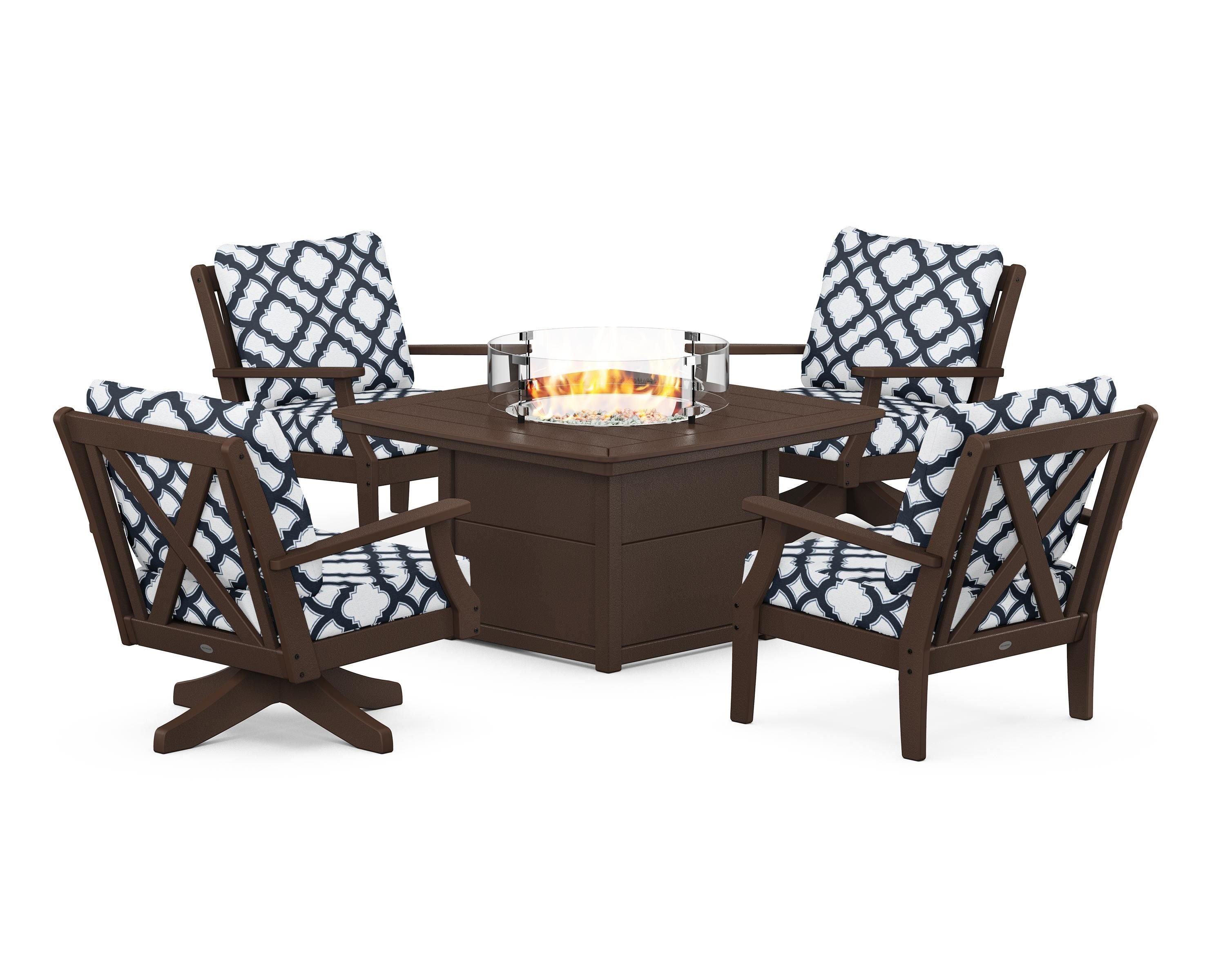POLYWOOD® Braxton 5-Piece Deep Seating Set with Fire Table in Mahogany / Trellis Marine Indigo