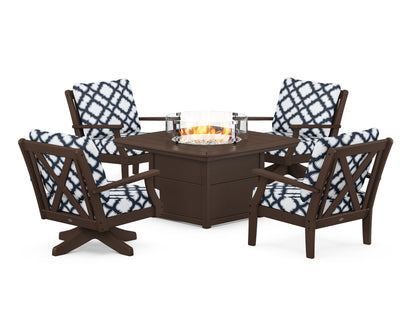 POLYWOOD® Braxton 5-Piece Deep Seating Set with Fire Table in Mahogany / Trellis Marine Indigo