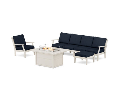 POLYWOOD® Braxton Sectional Lounge and Fire Pit Set in Sand / Marine Indigo
