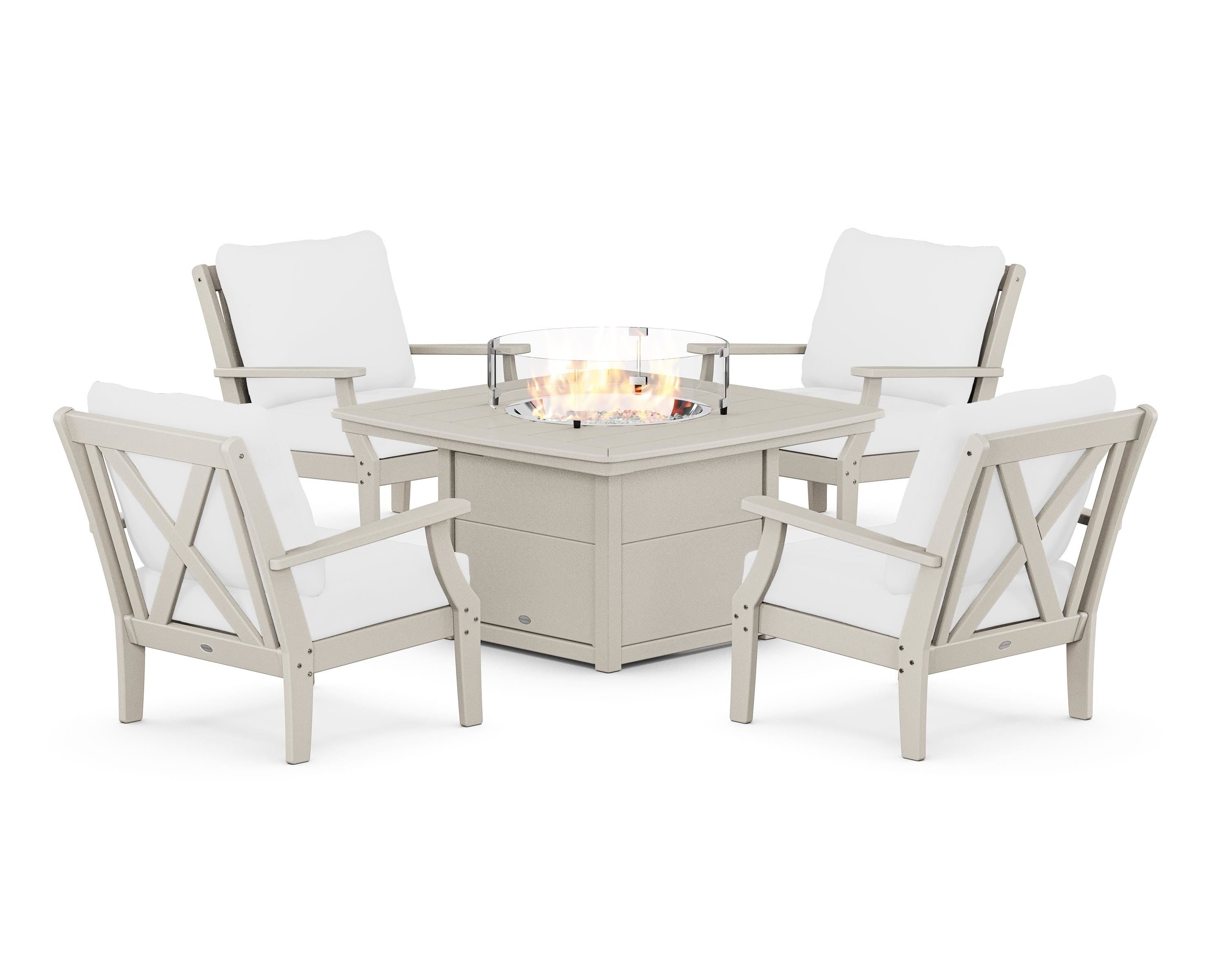 POLYWOOD® Braxton 5-Piece Deep Seating Conversation Set with Fire Pit Table in Sand / Natural