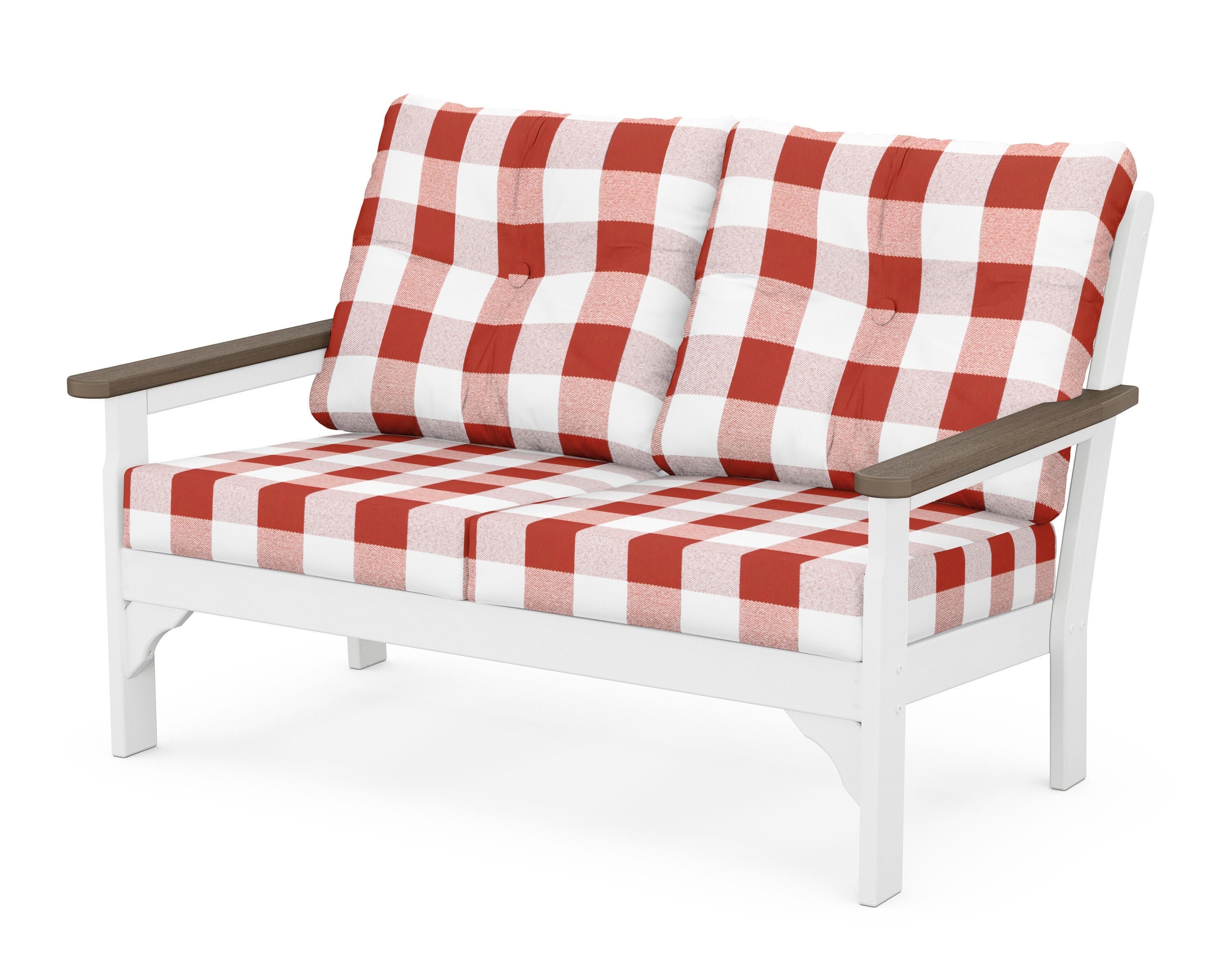 POLYWOOD® Vineyard Deep Seating Loveseat in White / Kona / Buffalo Plaid Crimson