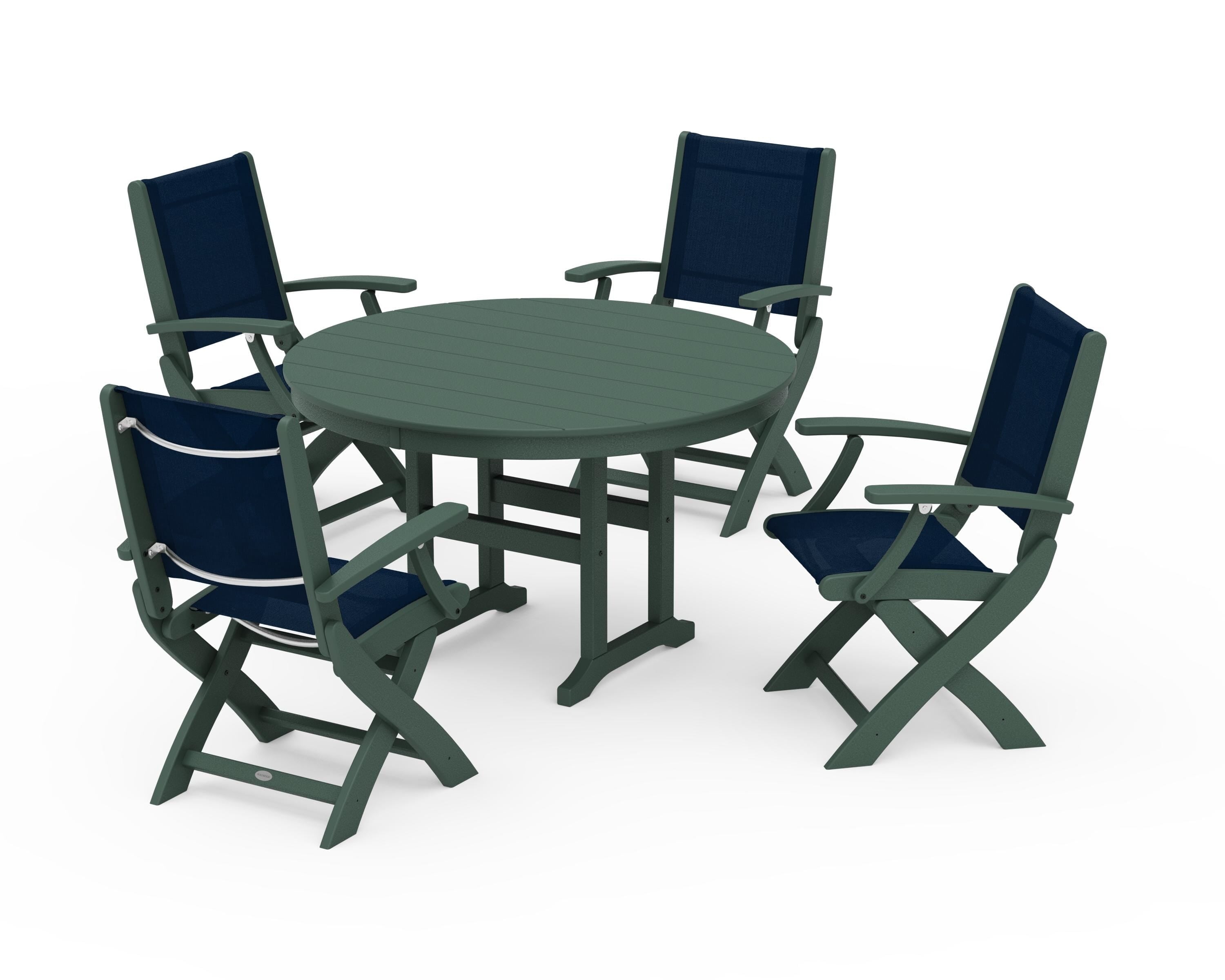 POLYWOOD® Coastal Folding Chair 5-Piece Round Dining Set in Green / Navy Blue Sling