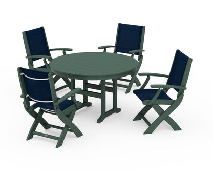 POLYWOOD® Coastal Folding Chair 5-Piece Round Dining Set in Green / Navy Blue Sling