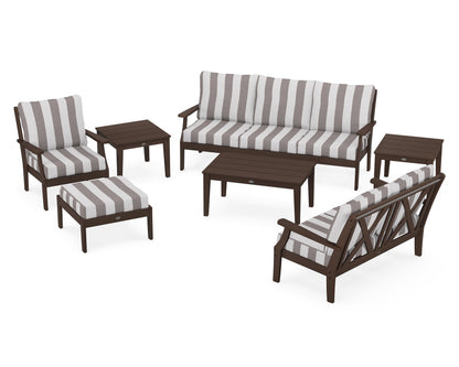 POLYWOOD® Braxton 7-Piece Deep Seating Set in Mahogany / Cabana Stripe Grey Mist