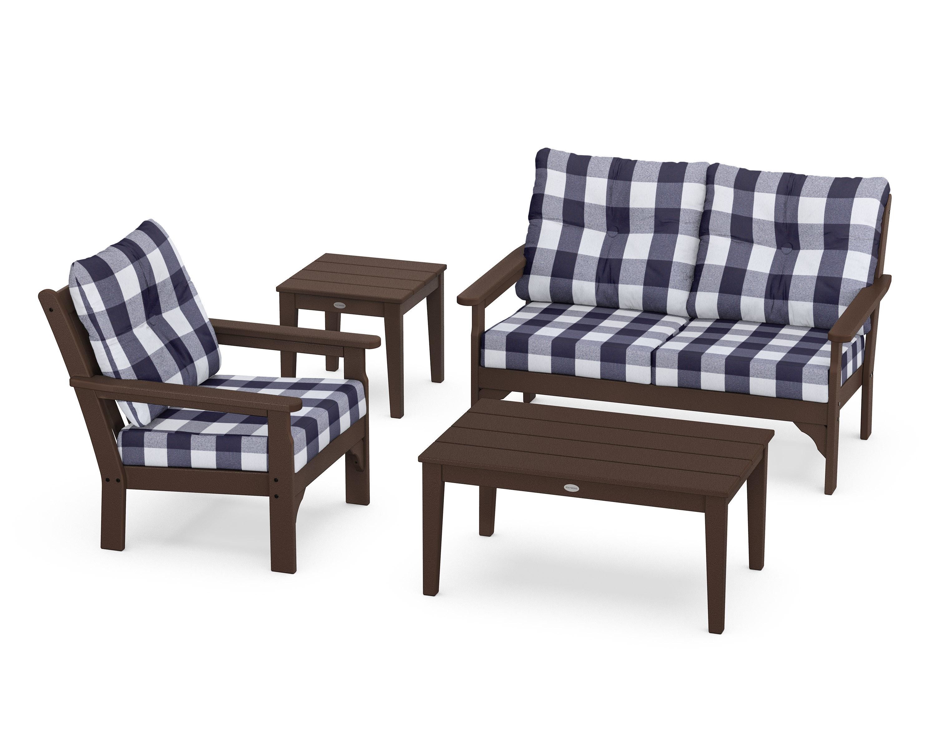 POLYWOOD® Vineyard 4-Piece Deep Seating Set in Mahogany / Buffalo Plaid Navy