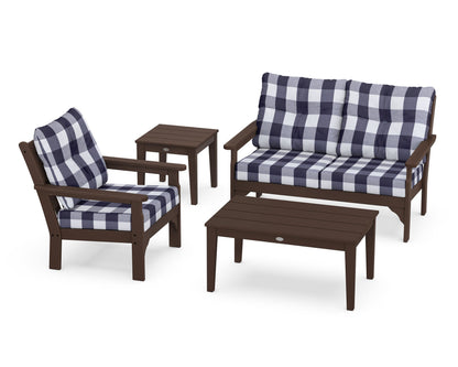 POLYWOOD® Vineyard 4-Piece Deep Seating Set in Mahogany / Buffalo Plaid Navy