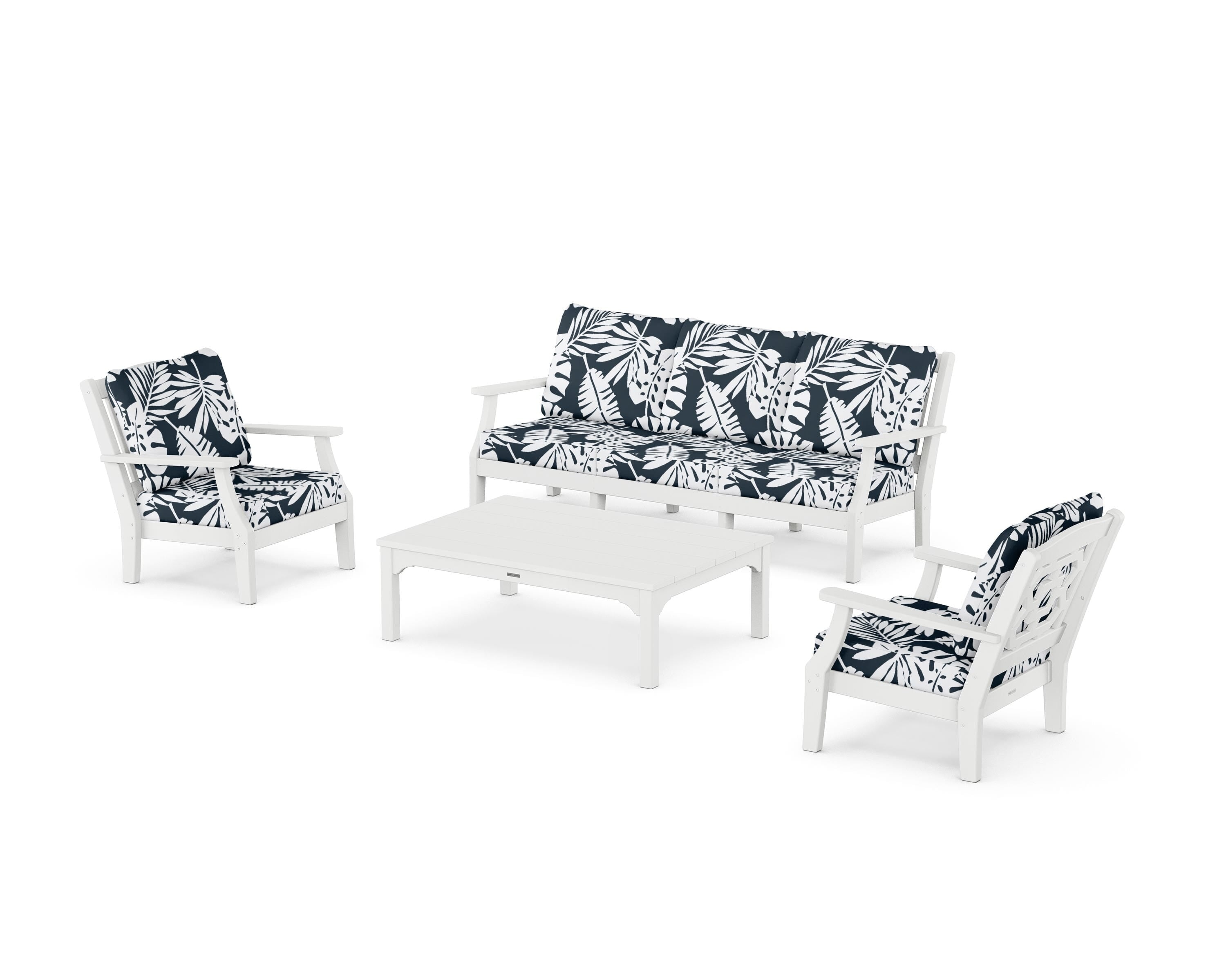 Martha Stewart by POLYWOOD® Chinoiserie 4-Piece Deep Seating Set with Sofa in White / Leaf Marine Indigo