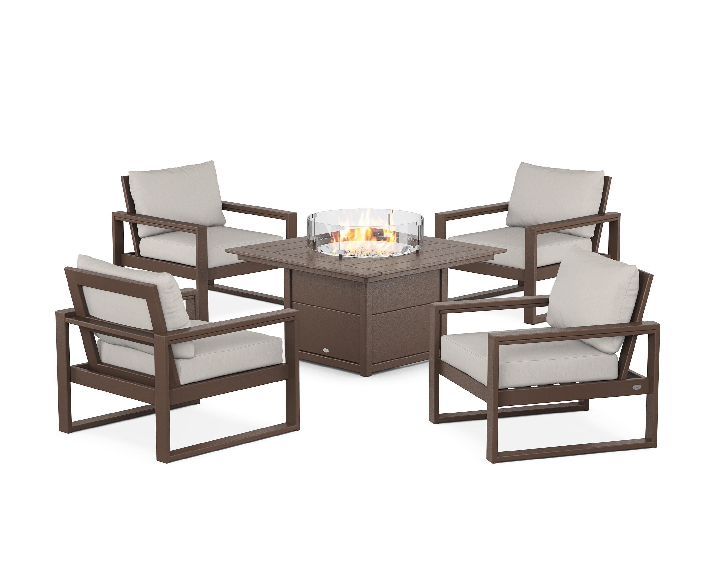 POLYWOOD® EDGE Sectional 5-Piece Deep Seating Set with Fire Pit Table in Mahogany / Cast Ash