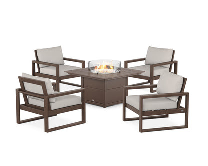 POLYWOOD® EDGE Sectional 5-Piece Deep Seating Set with Fire Pit Table in Mahogany / Cast Ash