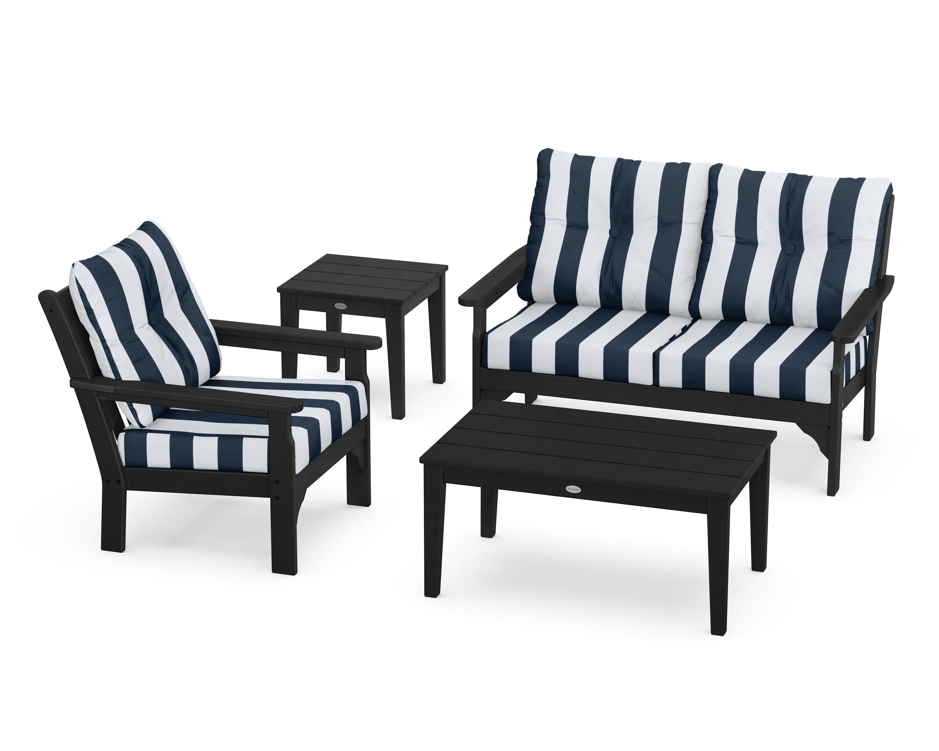 POLYWOOD® Vineyard 4-Piece Deep Seating Set in Black / Cabana Stripe Marine Indigo