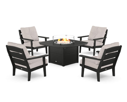 POLYWOOD® Lakeside 5-Piece Deep Seating Set with Nautical Fire Pit Table in Black / Dune Burlap