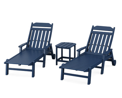 Country Living Cottage 3-Piece Chaise Set with Arms and Wheels in Navy