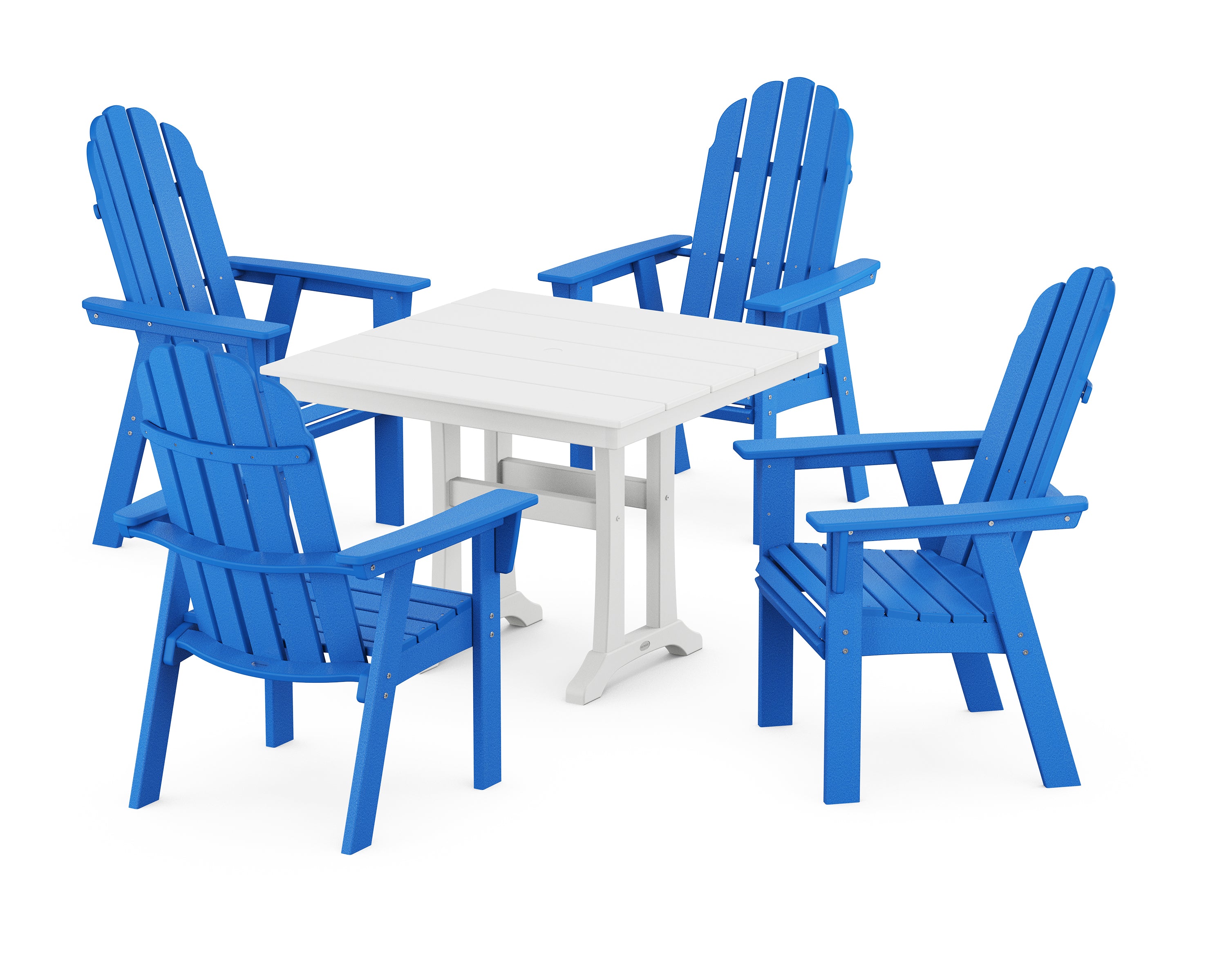 POLYWOOD® Vineyard Adirondack 5-Piece Farmhouse Dining Set With Trestle Legs in Pacific Blue / White