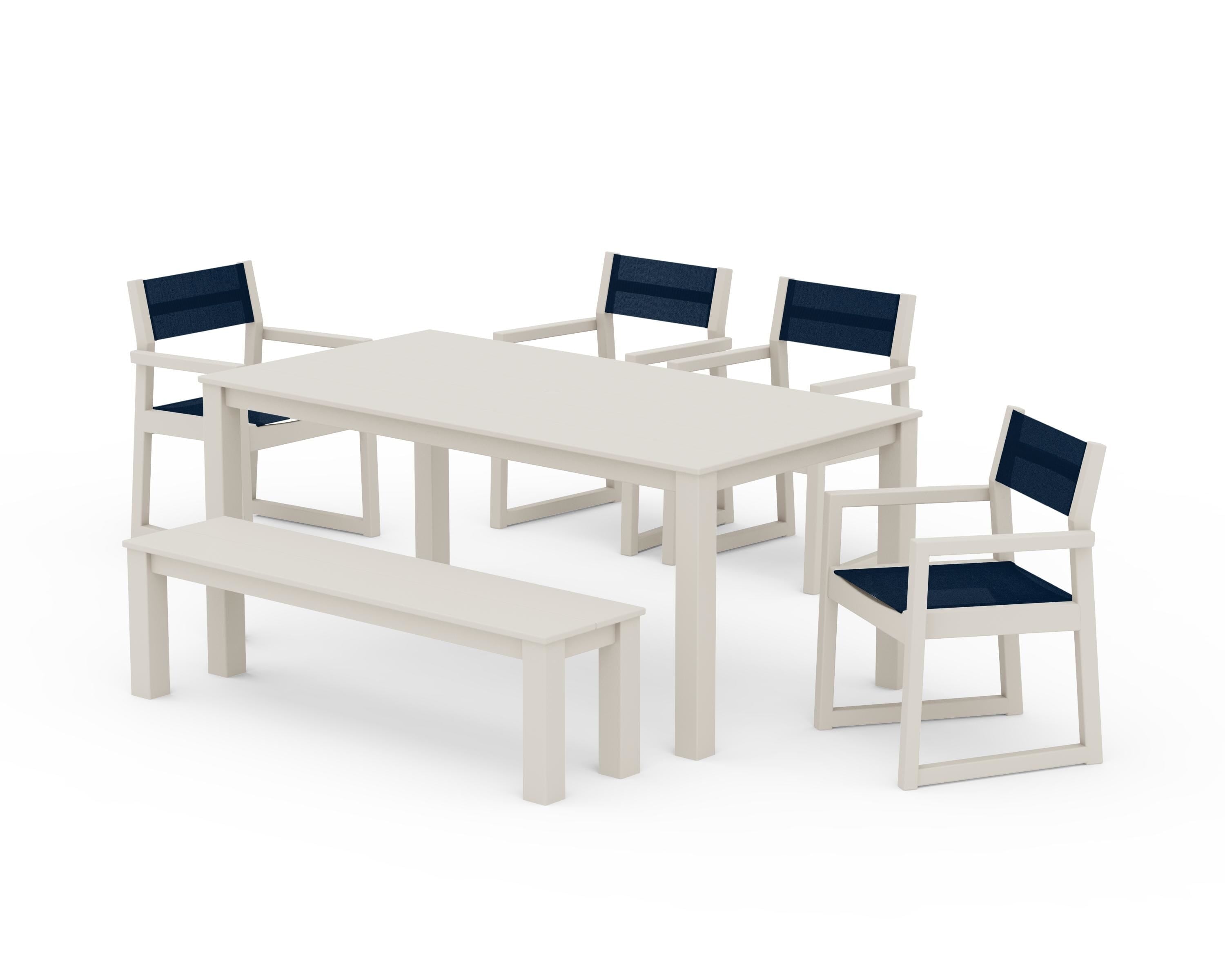 POLYWOOD® EDGE Sling Arm Chair 6-Piece Parsons Dining Set with Bench in Sand / Navy Blue Sling