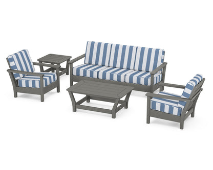 POLYWOOD® Harbour 5-Piece Deep Seating Set in Slate Grey / Cabana Stripe Sky Blue