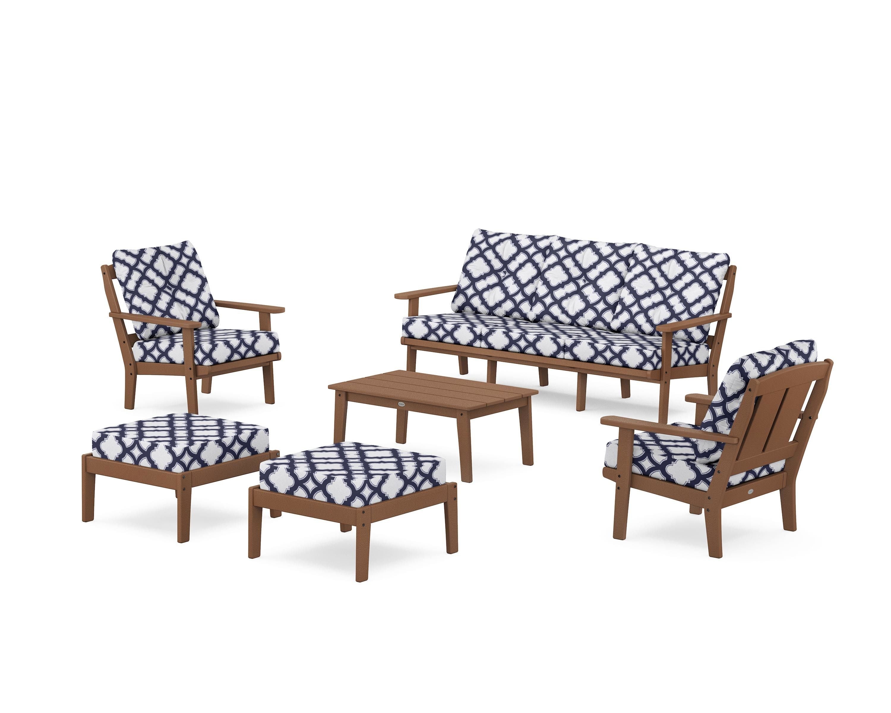 POLYWOOD® Mission 6-Piece Lounge Sofa Set in Teak / Trellis Navy