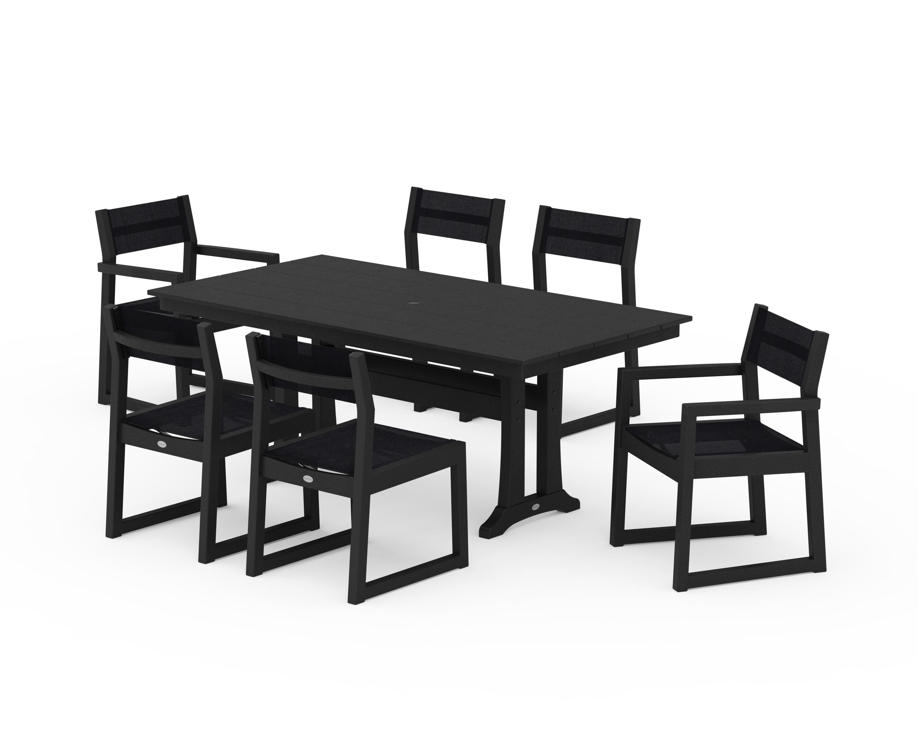 POLYWOOD® EDGE Sling 7-Piece Farmhouse Trestle Dining Set in Black / Black Sling