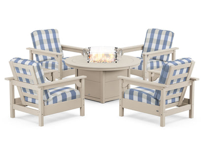 POLYWOOD® Club 5-Piece Conversation Set with Fire Pit Table in Sand / Buffalo Plaid Sky Blue