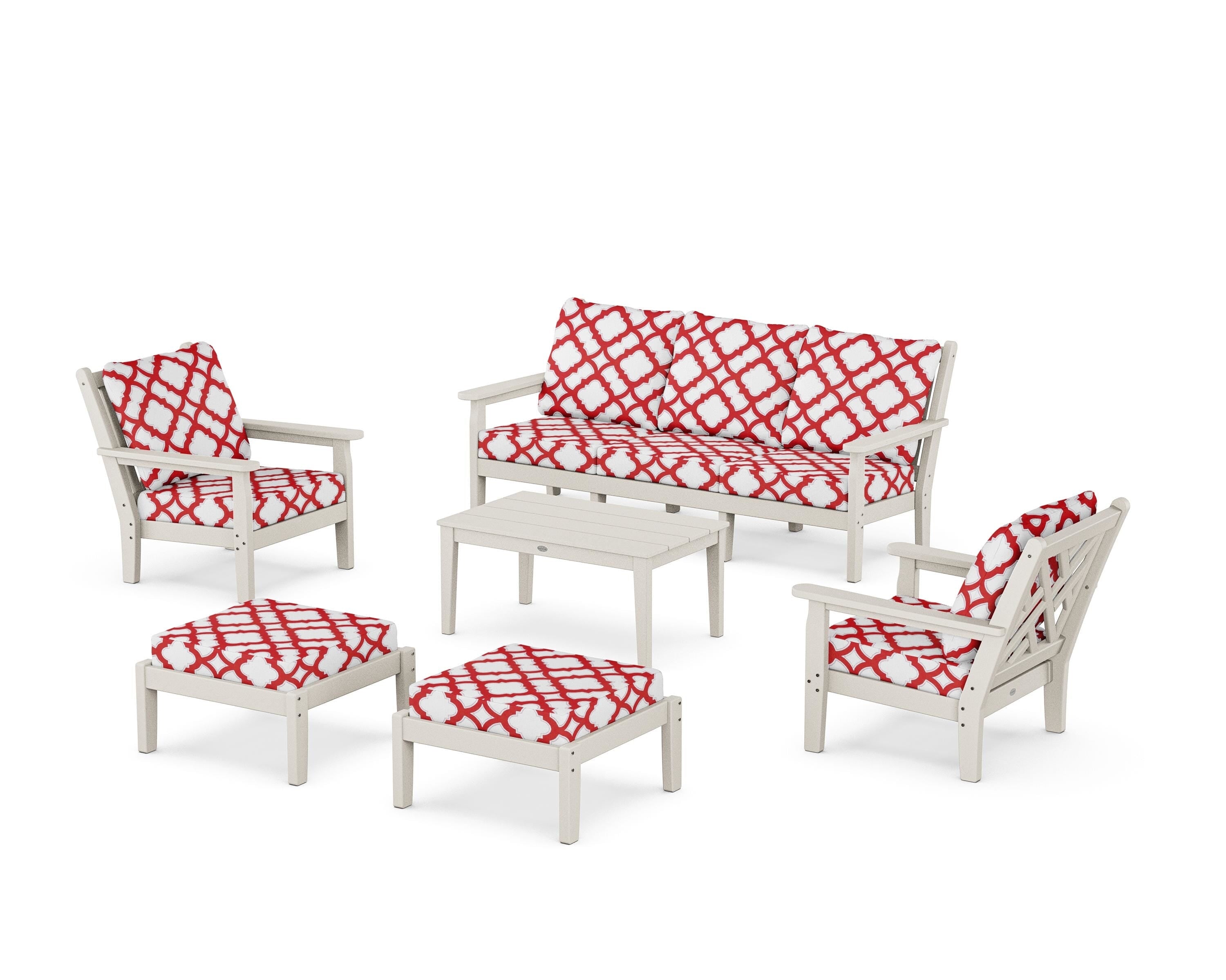 POLYWOOD® Chippendale 6-Piece Lounge Sofa Set in Sand / Trellis Crimson