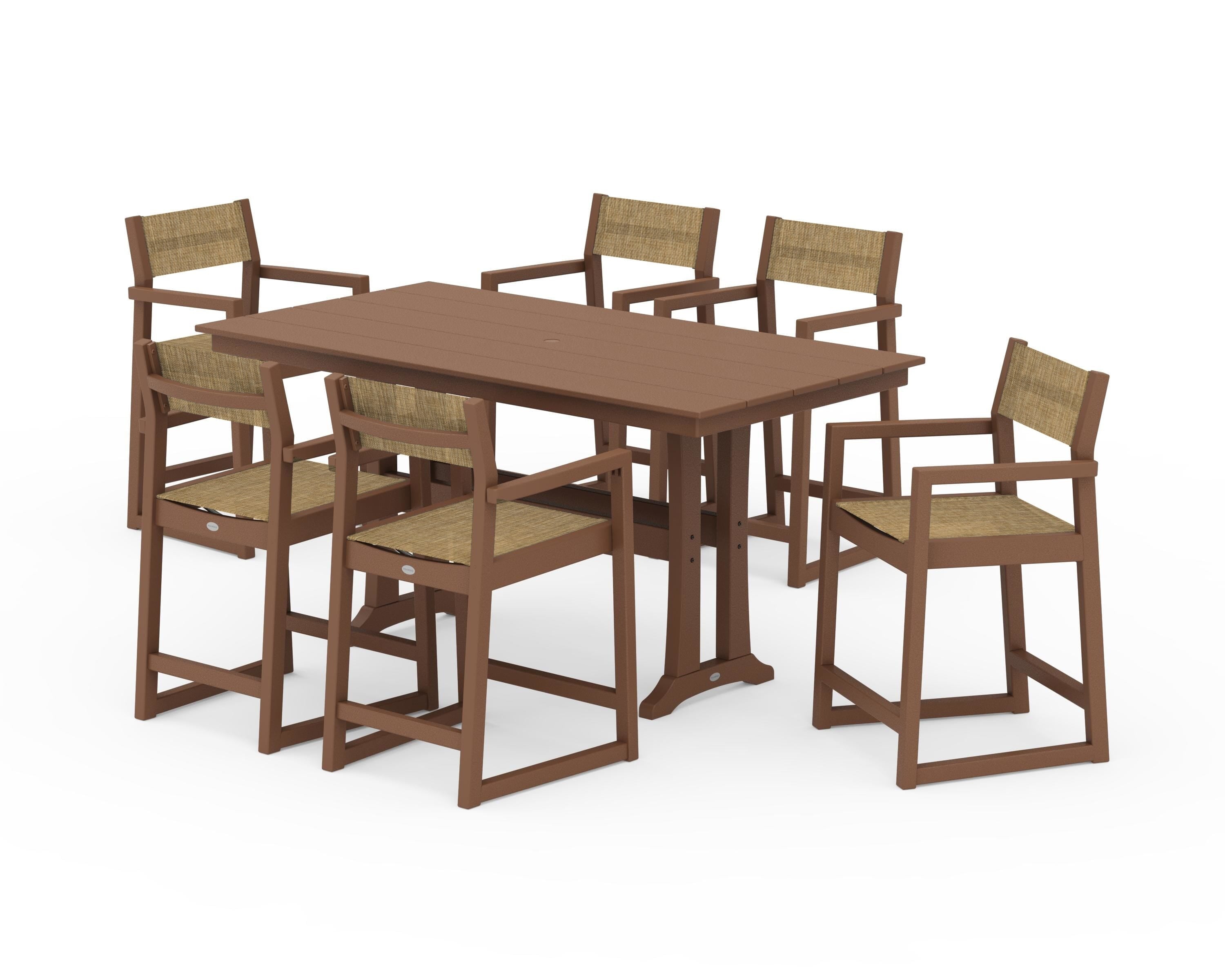 POLYWOOD® EDGE Sling Arm Chair 7-Piece Farmhouse Counter Set with Trestle Legs in Teak / Burlap Sling