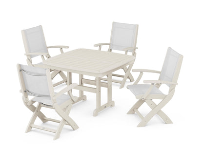 POLYWOOD® Coastal Folding Chair 5-Piece Dining Set in Sand / White Sling