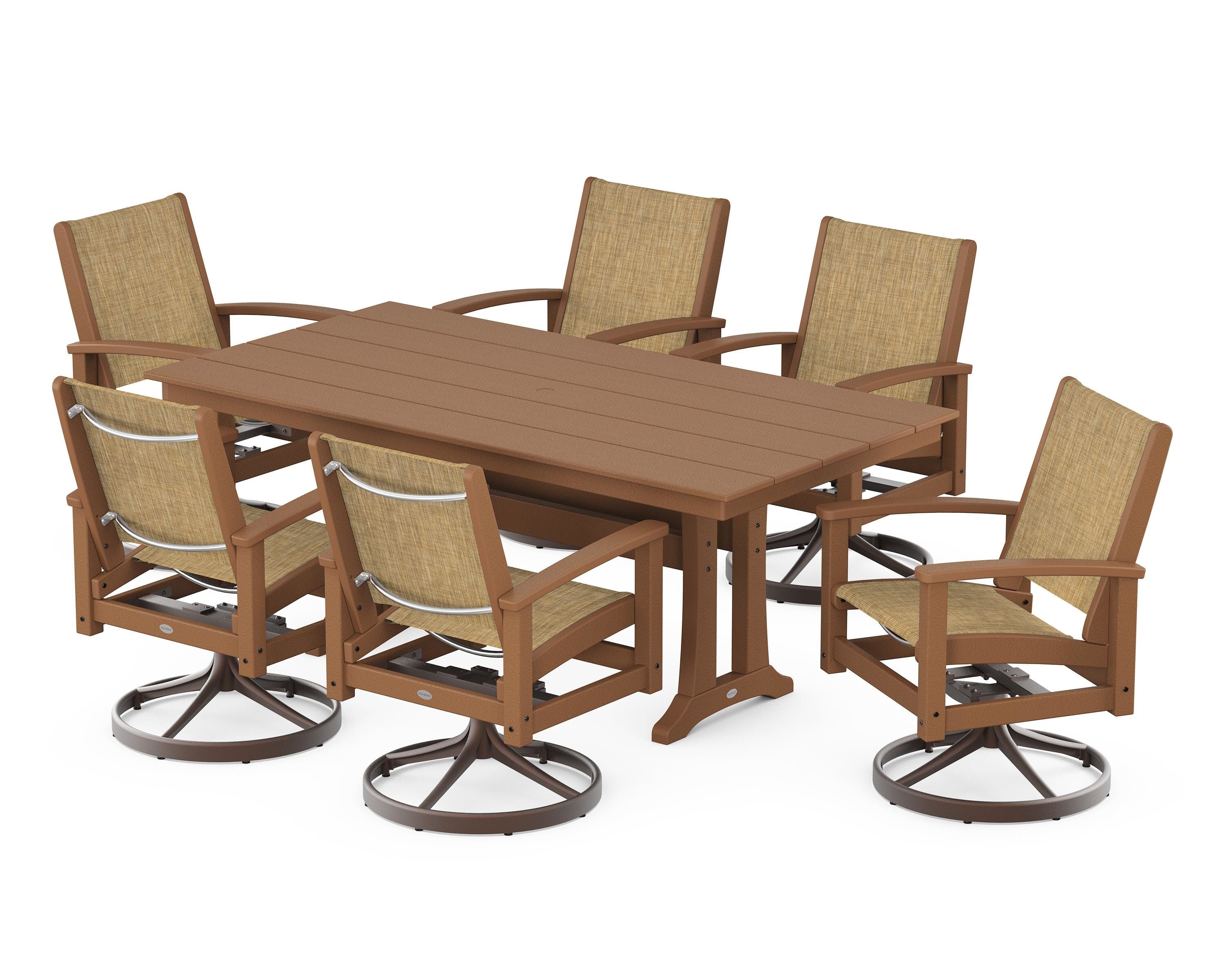 POLYWOOD® 7 Piece Coastal Swivel Rocker Dining Set in Textured Bronze / Teak / Burlap Sling