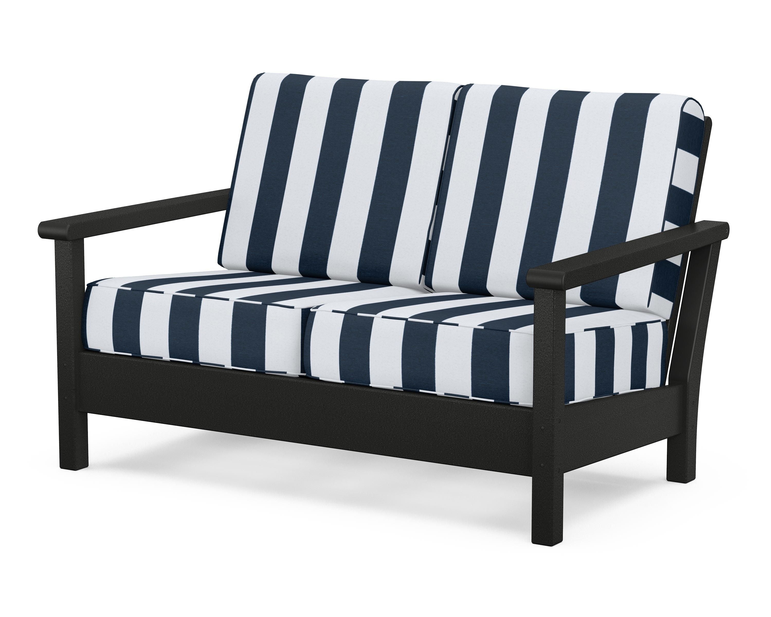 POLYWOOD® Harbour Deep Seating Loveseat in Black / Cabana Stripe Marine Indigo
