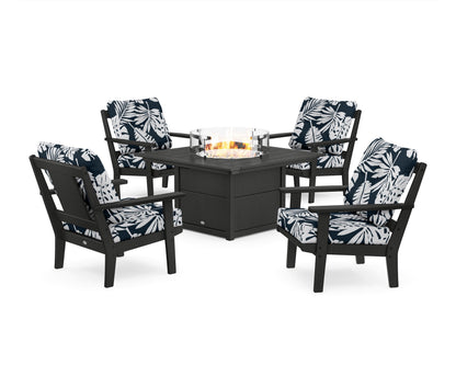 POLYWOOD® Prairie 5-Piece Deep Seating Set with Fire Pit Table in Black / Leaf Marine Indigo