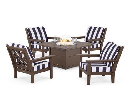 POLYWOOD® Chippendale 5-Piece Deep Seating Set with Fire Pit Table in Mahogany / Cabana Stripe Navy