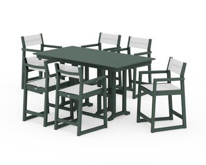 POLYWOOD® EDGE Sling Arm Chair 7-Piece Farmhouse Counter Set in Green / White Sling