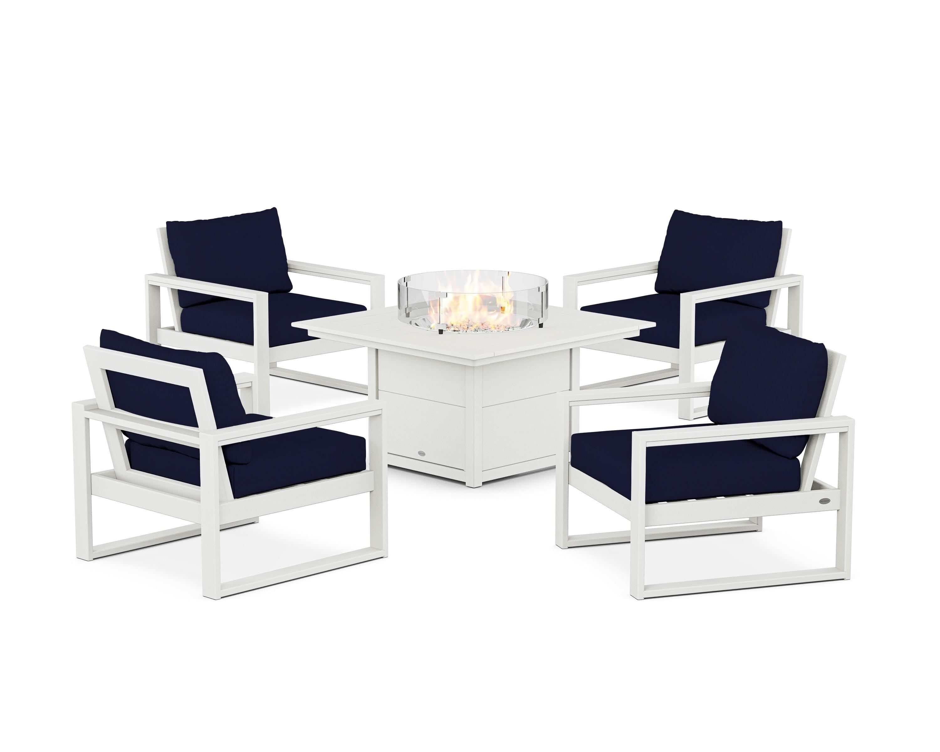 POLYWOOD® EDGE Sectional 5-Piece Deep Seating Set with Fire Pit Table in Vintage White / Navy