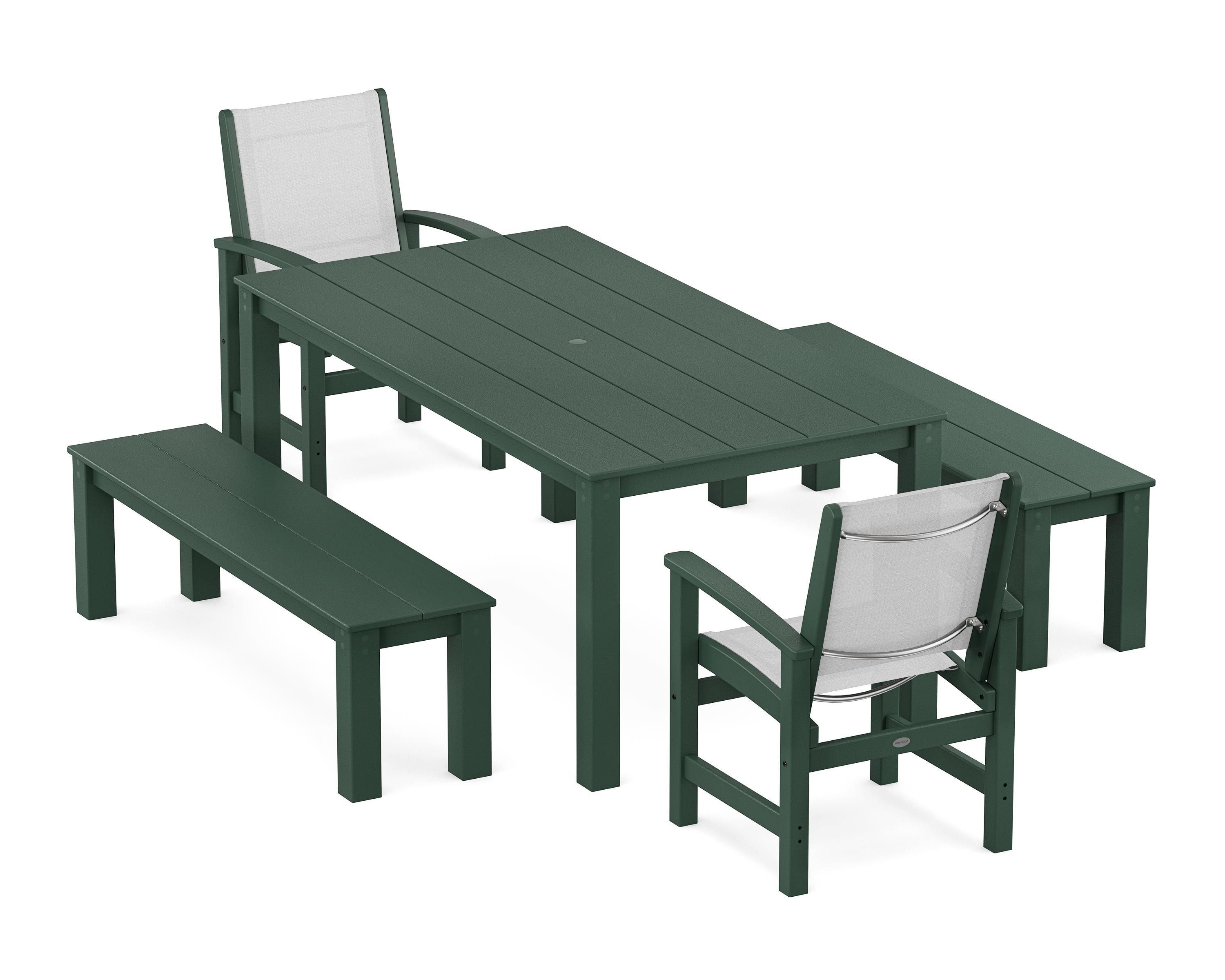POLYWOOD® Coastal 5-Piece Parsons Dining Set with Benches in Green / White Sling