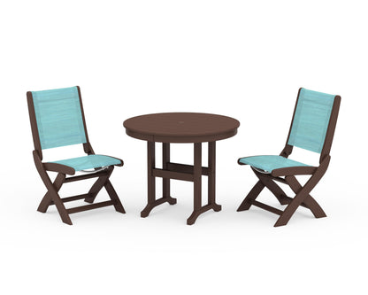 POLYWOOD® Coastal Folding Side Chair 3-Piece Round Dining Set in Mahogany / Dupioni Aquamarine Sling