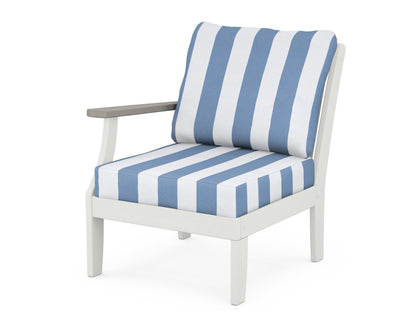 POLYWOOD® Braxton Modular Left Arm Chair in White / Driftwood / Cabana Stripe Sky Blue