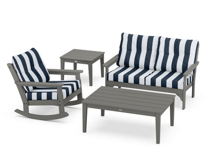POLYWOOD® Vineyard 4-Piece Deep Seating Rocker Set in Slate Grey / Cabana Stripe Marine Indigo