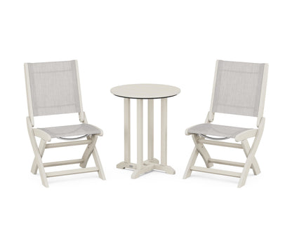 POLYWOOD® Coastal Folding Side Chair 3-Piece Round Bistro Dining Set in Sand / Parchment Sling