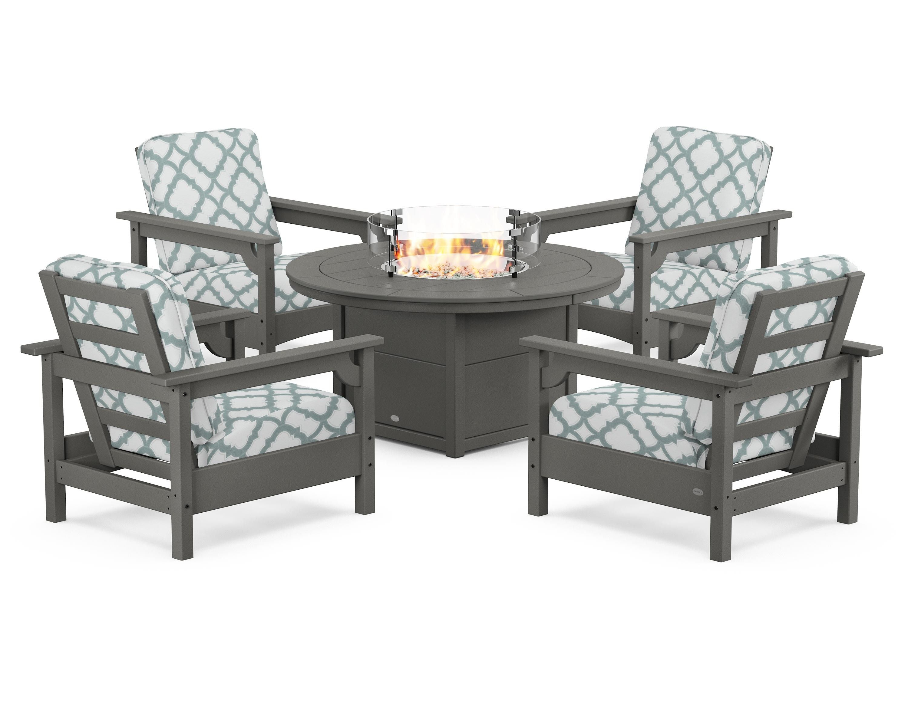 POLYWOOD® Club 5-Piece Conversation Set with Fire Pit Table in Slate Grey / Trellis Glacier Spa