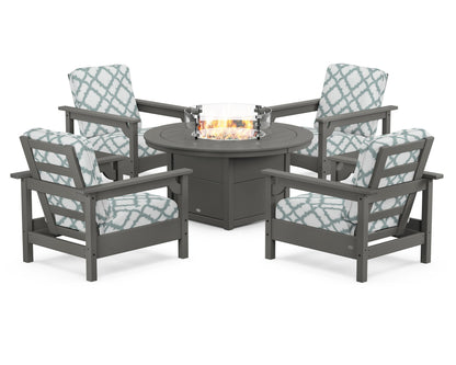 POLYWOOD® Club 5-Piece Conversation Set with Fire Pit Table in Slate Grey / Trellis Glacier Spa